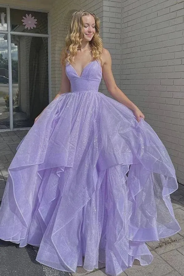 Simple Lilac Tulle A-line V-neck Lace Up Long Prom Dresses, Evening Gown, MP663
