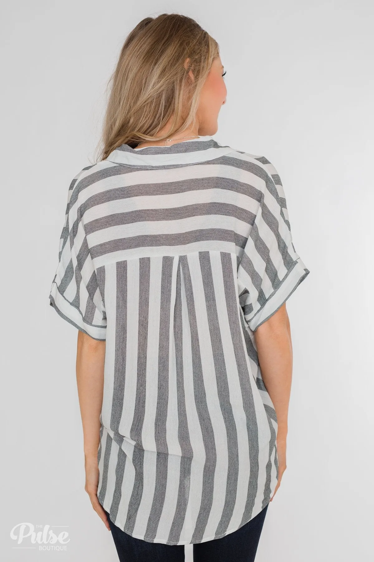 Somewhere Only We Know Striped Top- Grey & White