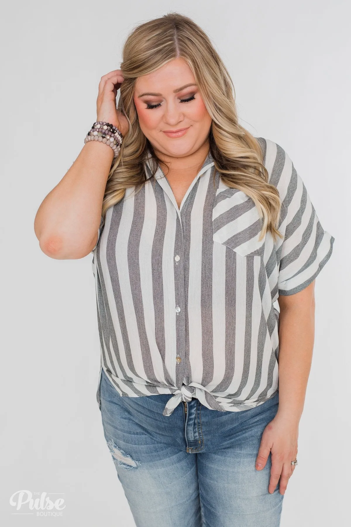 Somewhere Only We Know Striped Top- Grey & White