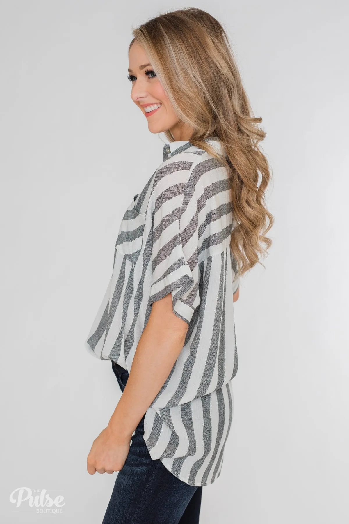 Somewhere Only We Know Striped Top- Grey & White