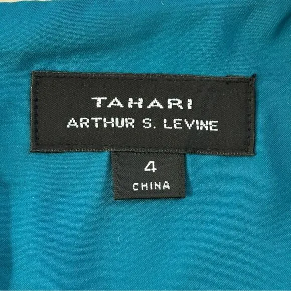 Tahari Arthur S Levine Short Sleeve Belted Dress Size 4 Teal Black Two Tone