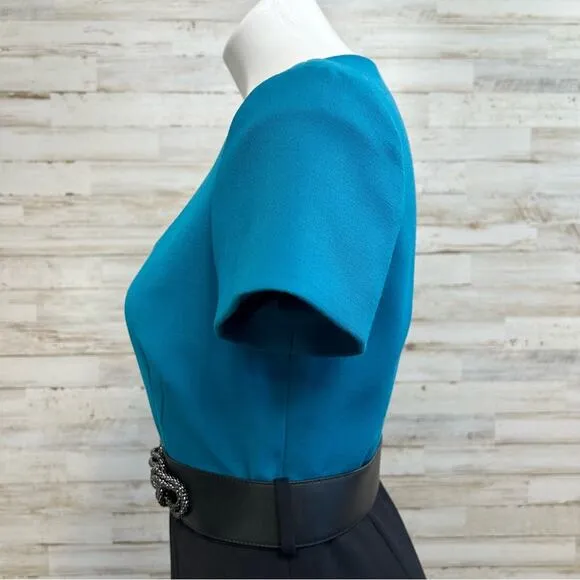Tahari Arthur S Levine Short Sleeve Belted Dress Size 4 Teal Black Two Tone
