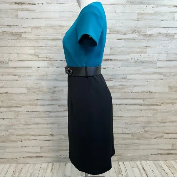 Tahari Arthur S Levine Short Sleeve Belted Dress Size 4 Teal Black Two Tone
