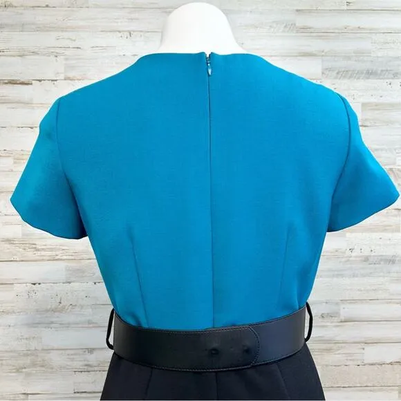 Tahari Arthur S Levine Short Sleeve Belted Dress Size 4 Teal Black Two Tone