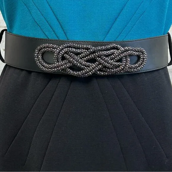 Tahari Arthur S Levine Short Sleeve Belted Dress Size 4 Teal Black Two Tone