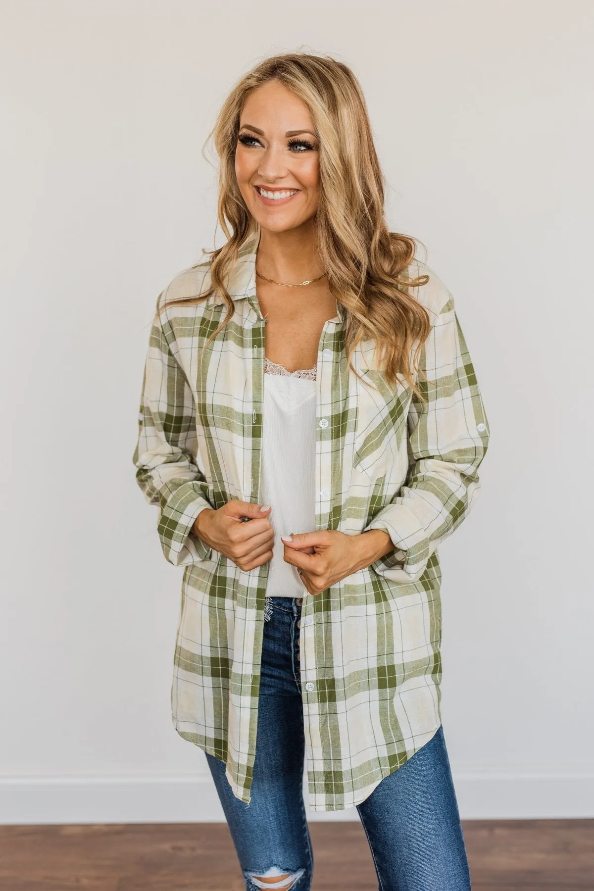 Tell Me Anything Button Down Plaid Top- Olive, Cream & Ivory