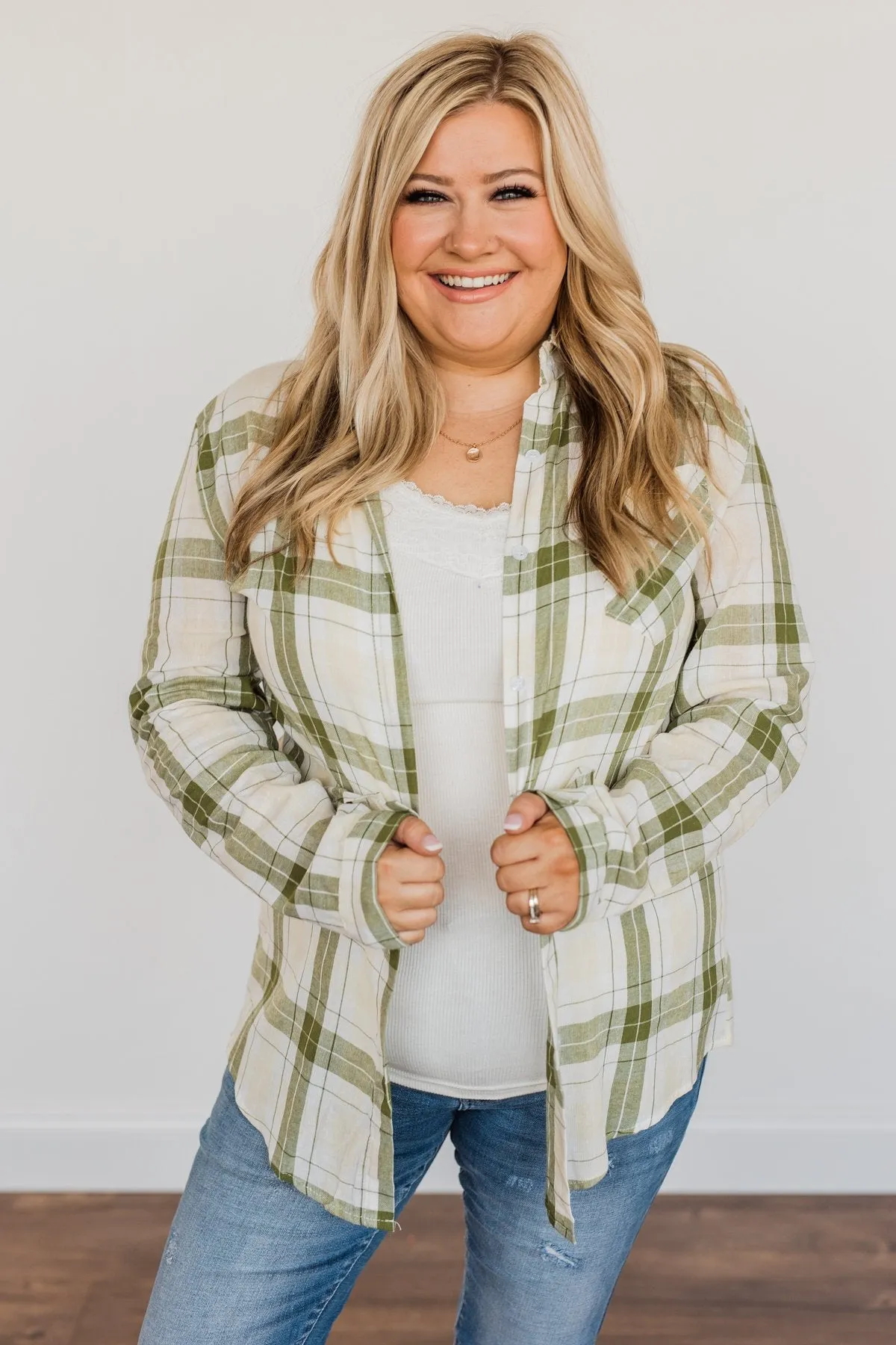 Tell Me Anything Button Down Plaid Top- Olive, Cream & Ivory