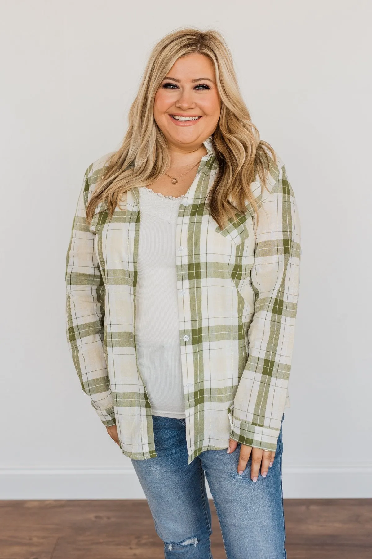 Tell Me Anything Button Down Plaid Top- Olive, Cream & Ivory