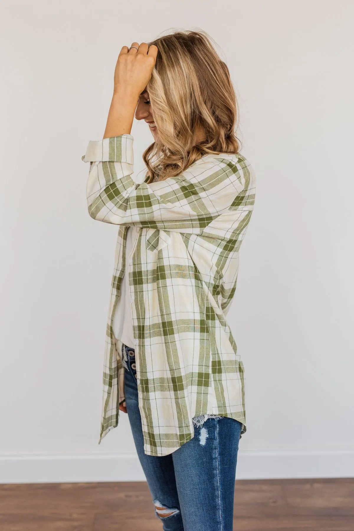 Tell Me Anything Button Down Plaid Top- Olive, Cream & Ivory