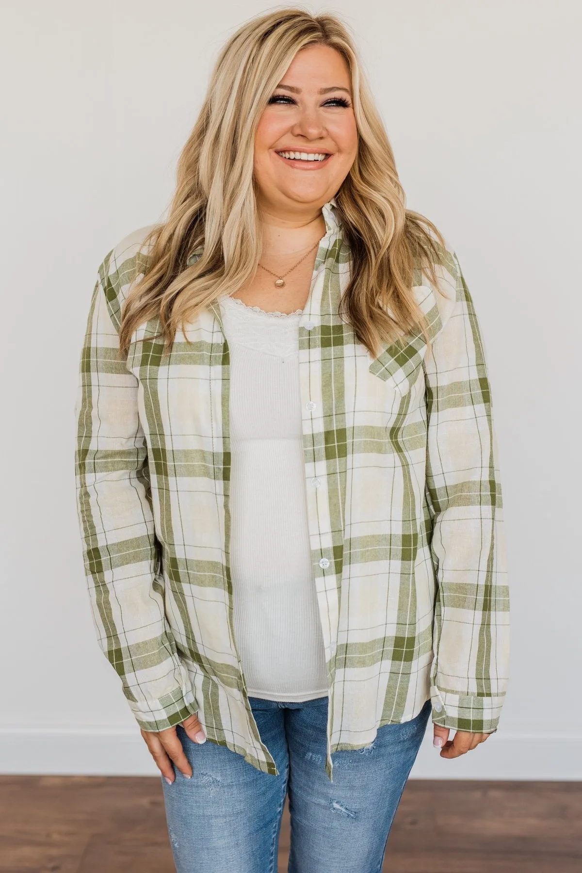 Tell Me Anything Button Down Plaid Top- Olive, Cream & Ivory