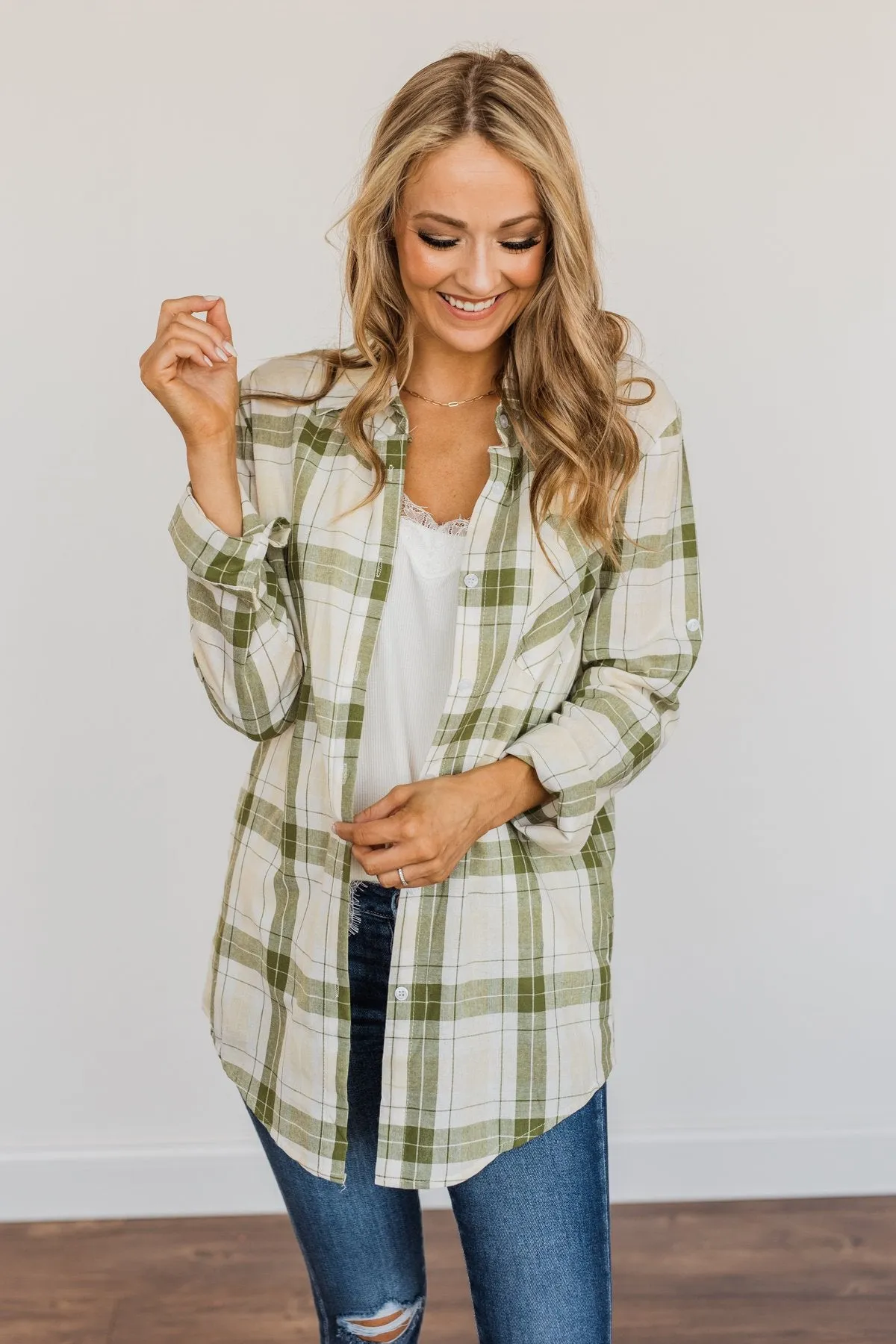 Tell Me Anything Button Down Plaid Top- Olive, Cream & Ivory