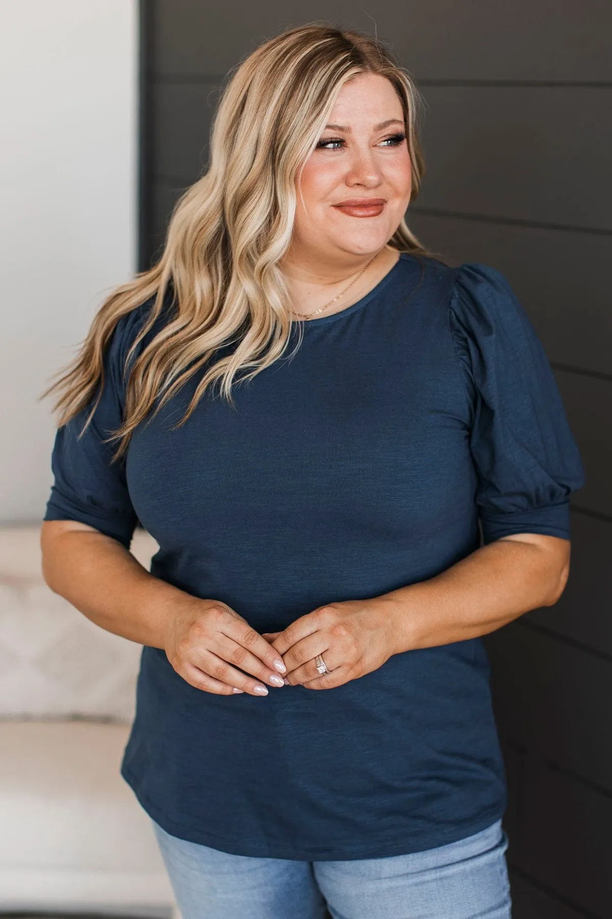 Treat Me With Love Puff Sleeve Top- Navy