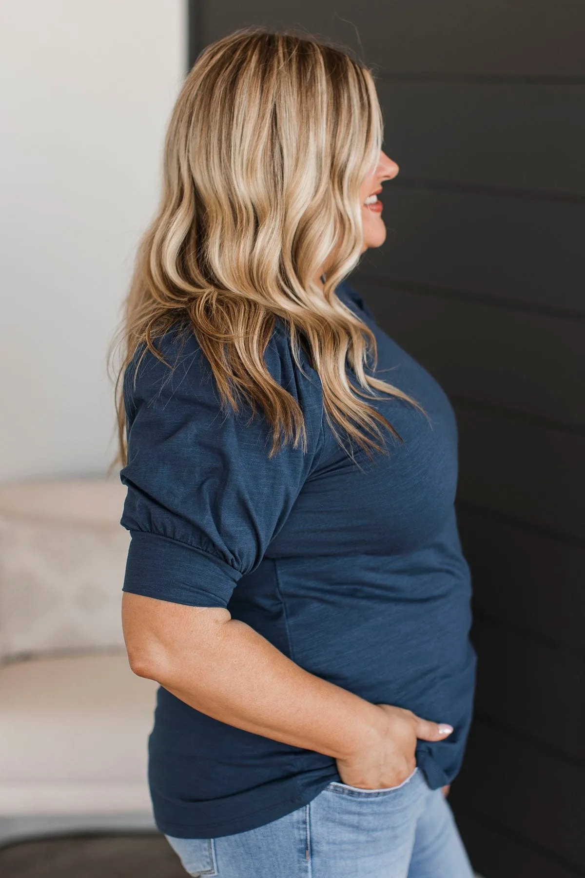 Treat Me With Love Puff Sleeve Top- Navy