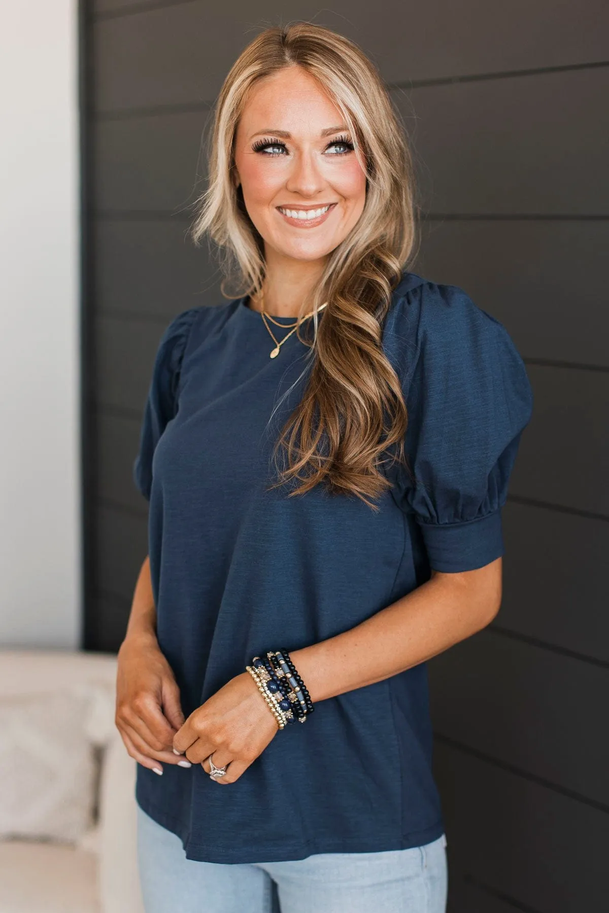 Treat Me With Love Puff Sleeve Top- Navy