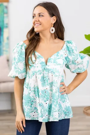 Turquoise Floral Print Eyelet Lace Puff Sleeve Top
