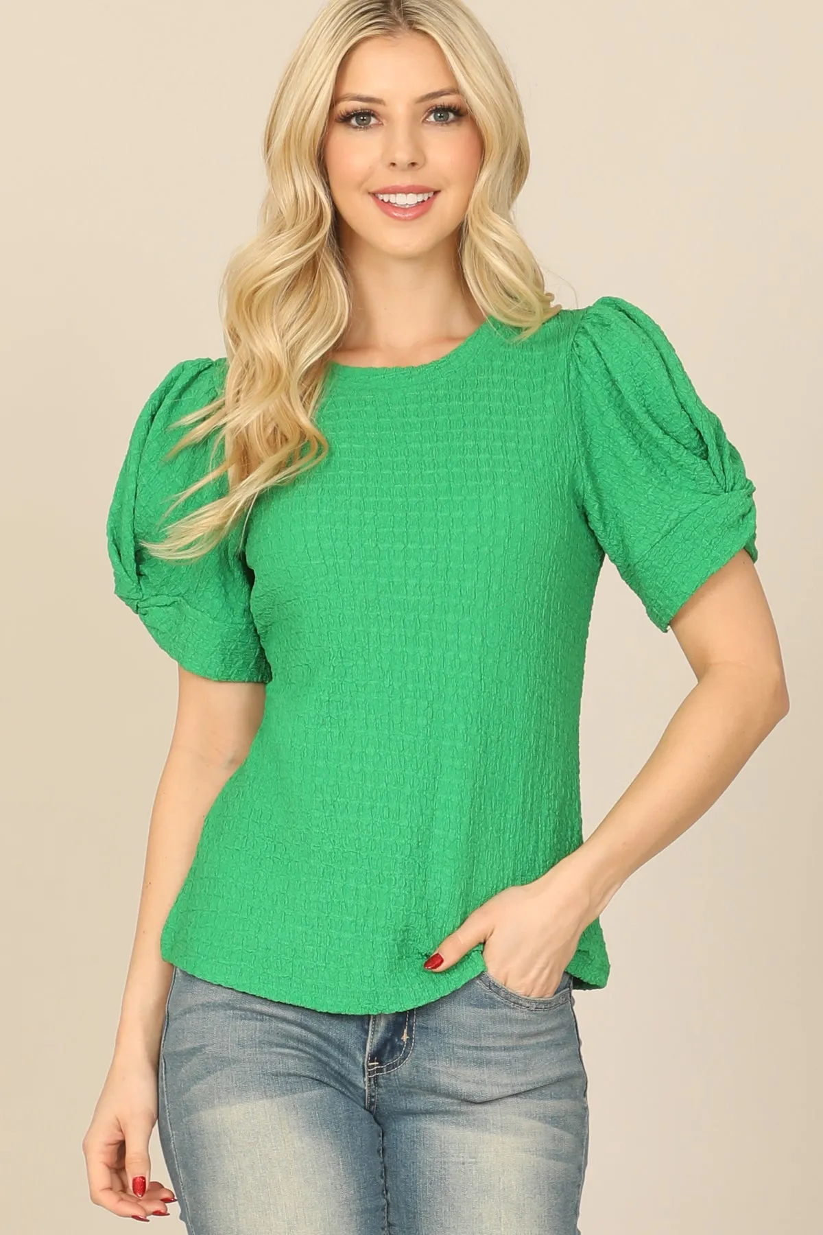 TWIST PUFF SLEEVE BARK CREPE TOP