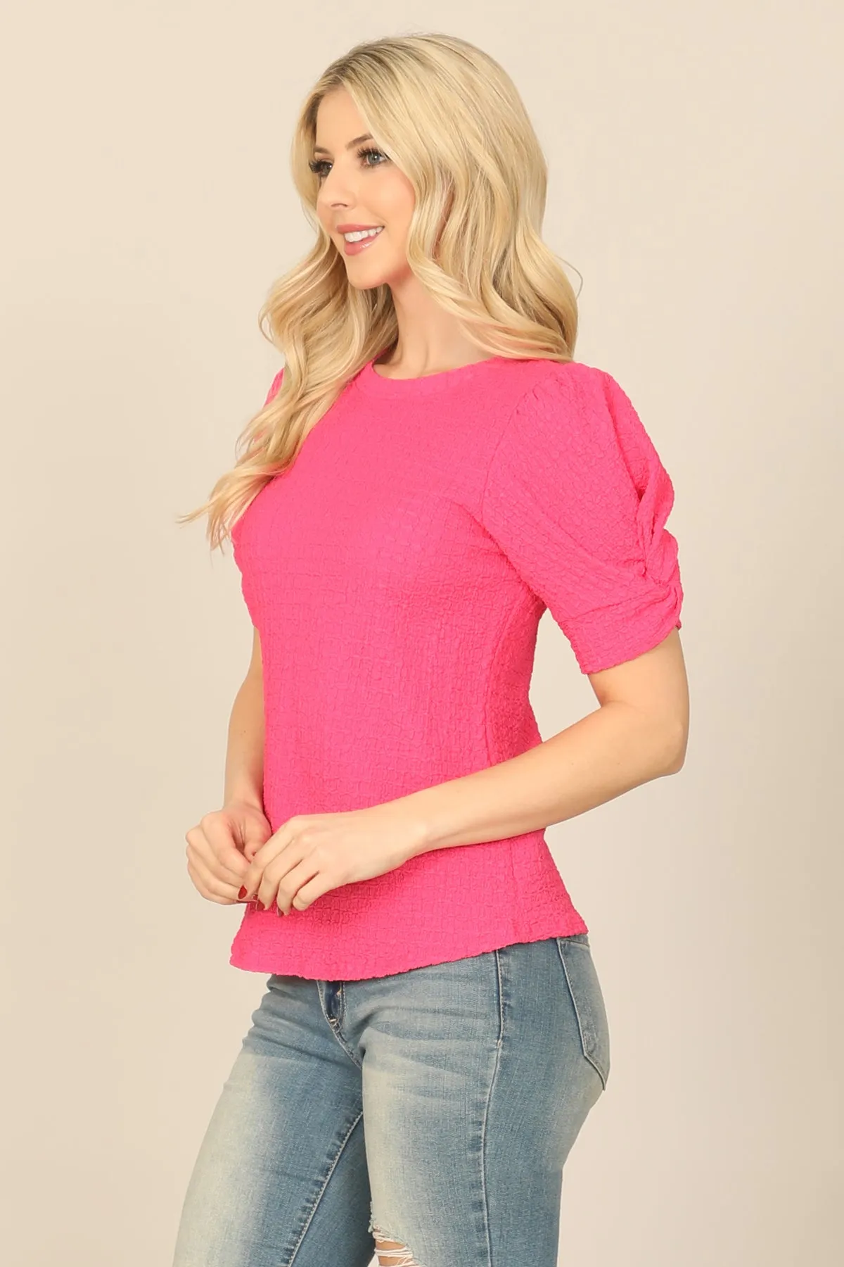 TWIST PUFF SLEEVE BARK CREPE TOP