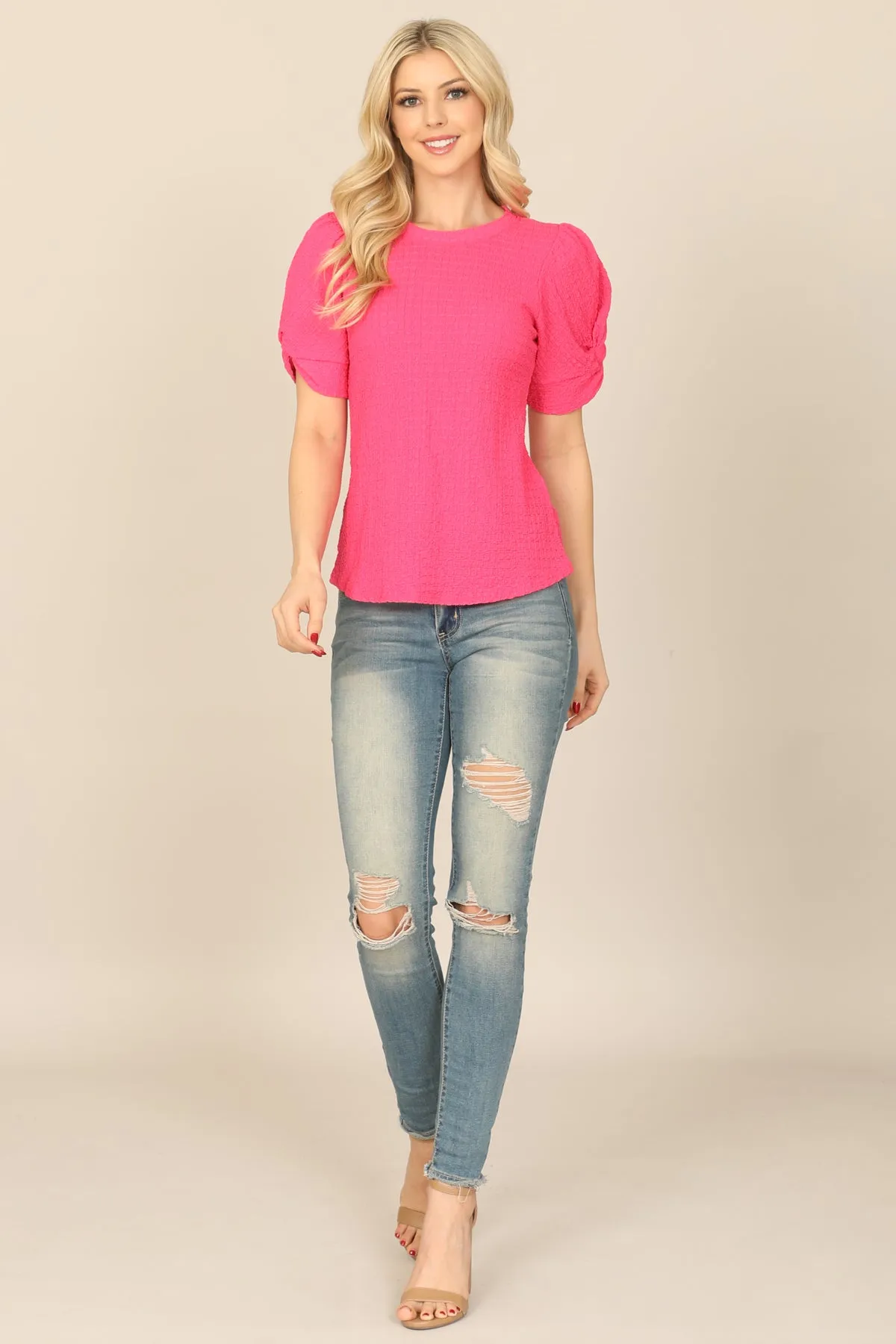 TWIST PUFF SLEEVE BARK CREPE TOP