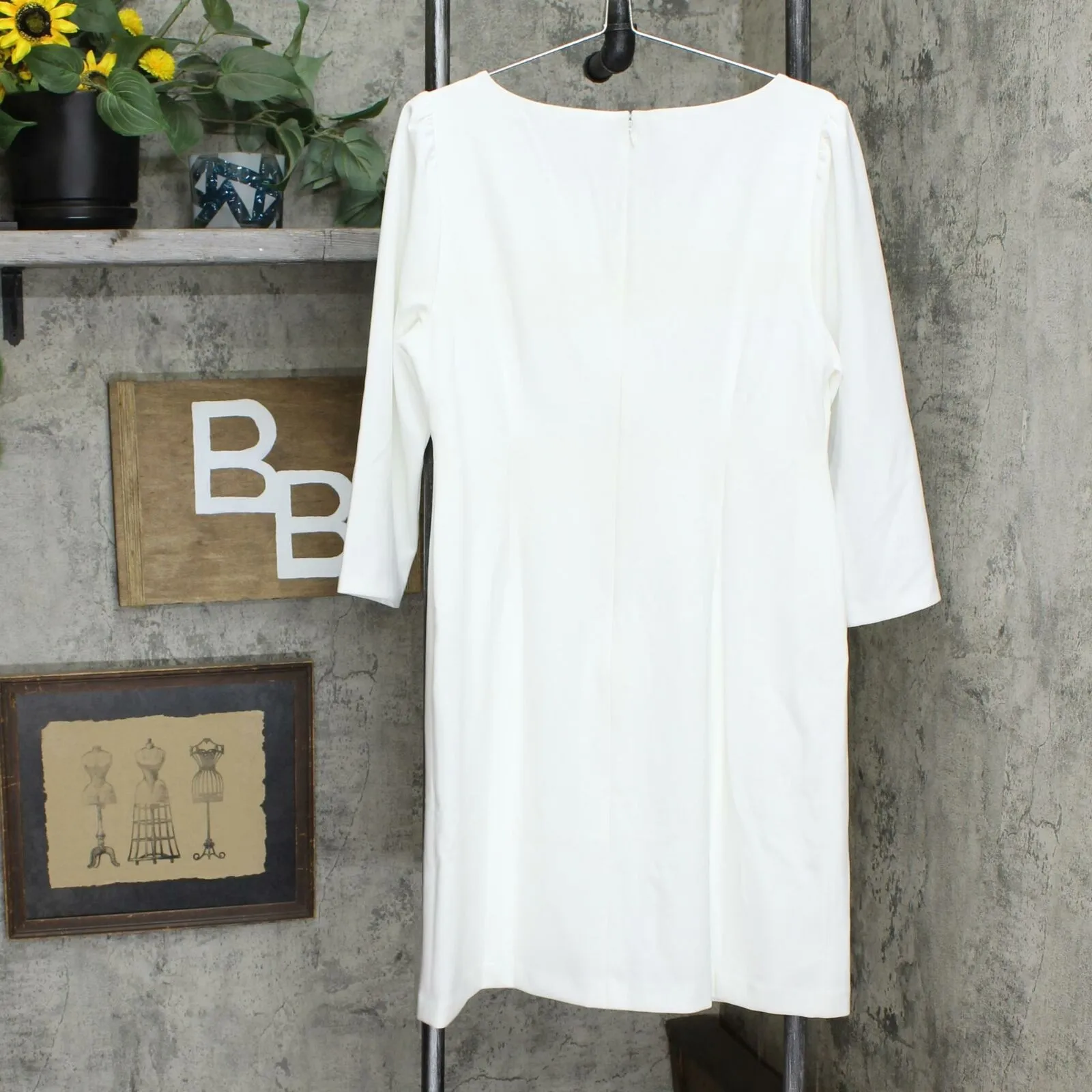 Vince Camuto 3/4 Sleeve Puff Shoulder Crepe Sheath Dress Pearl Large