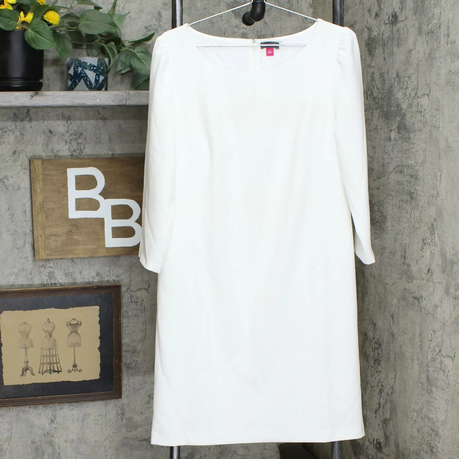 Vince Camuto 3/4 Sleeve Puff Shoulder Crepe Sheath Dress Pearl Large