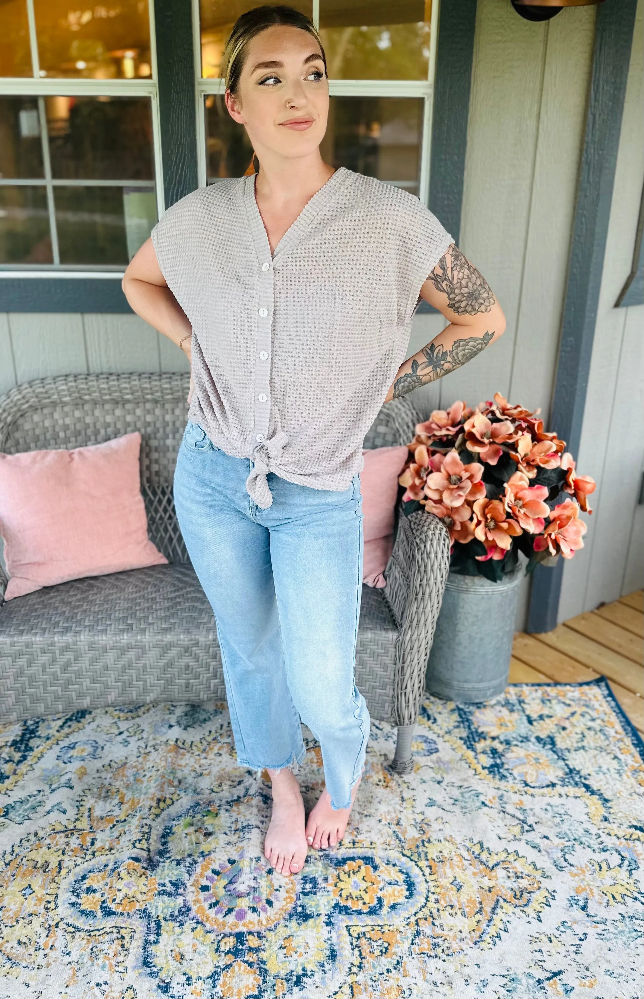 Waffle Tan Button Top