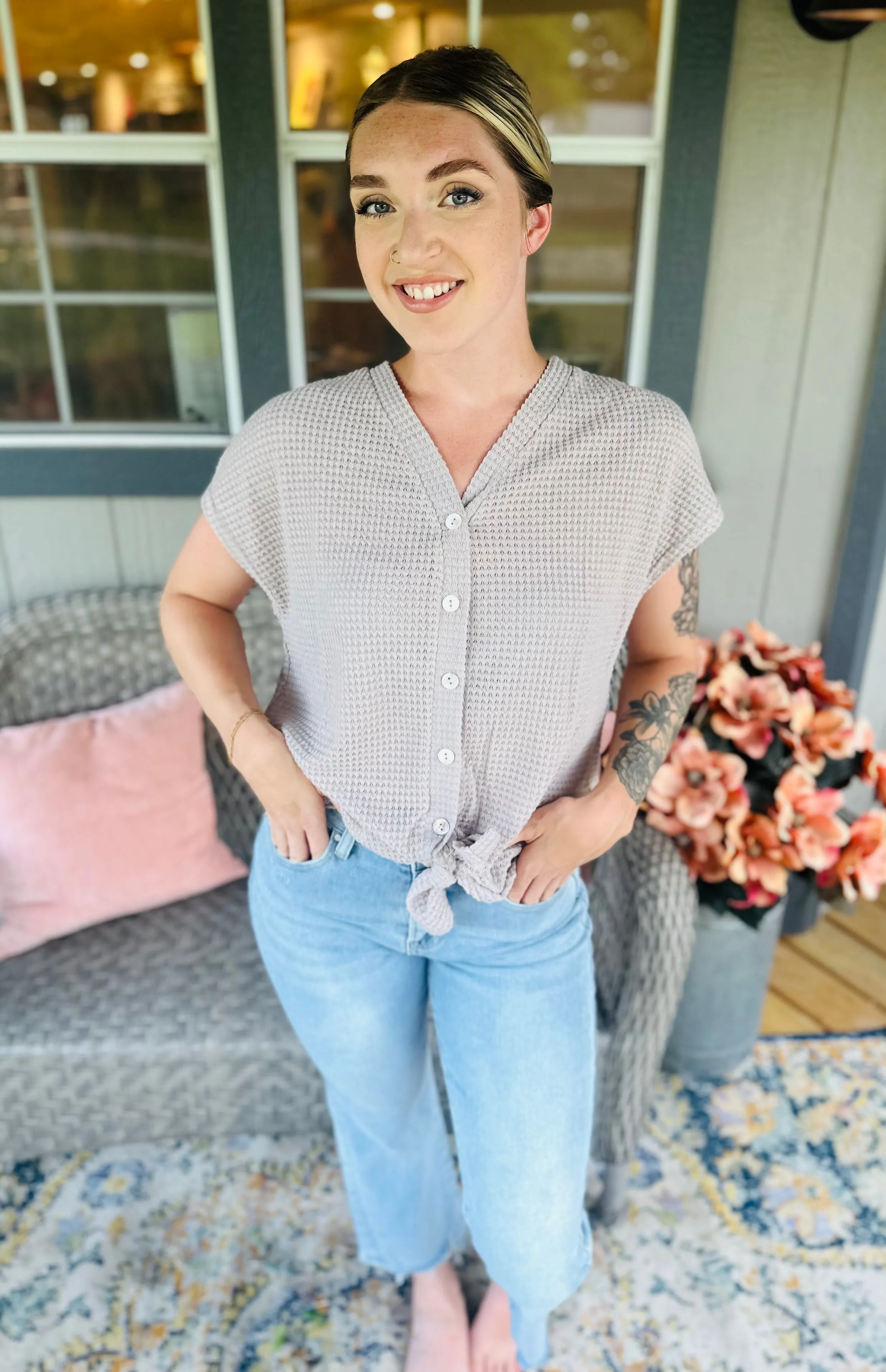 Waffle Tan Button Top