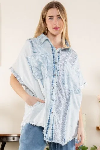 Washed Denim Mix Button Down Oversize Top