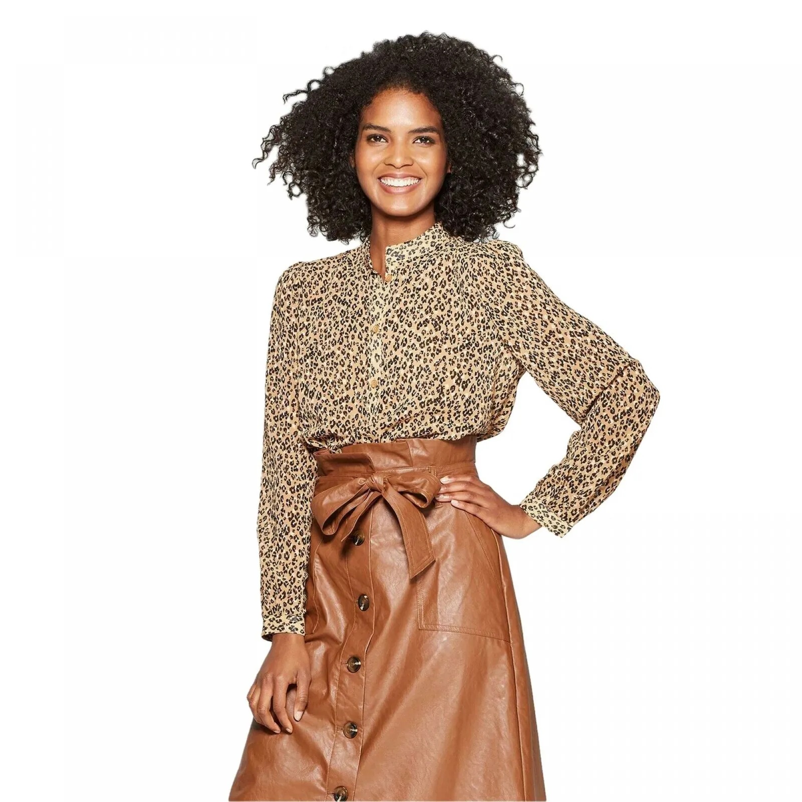 Who What Wear Women's Leopard Print Long Sleeve Banded Collared Blouse