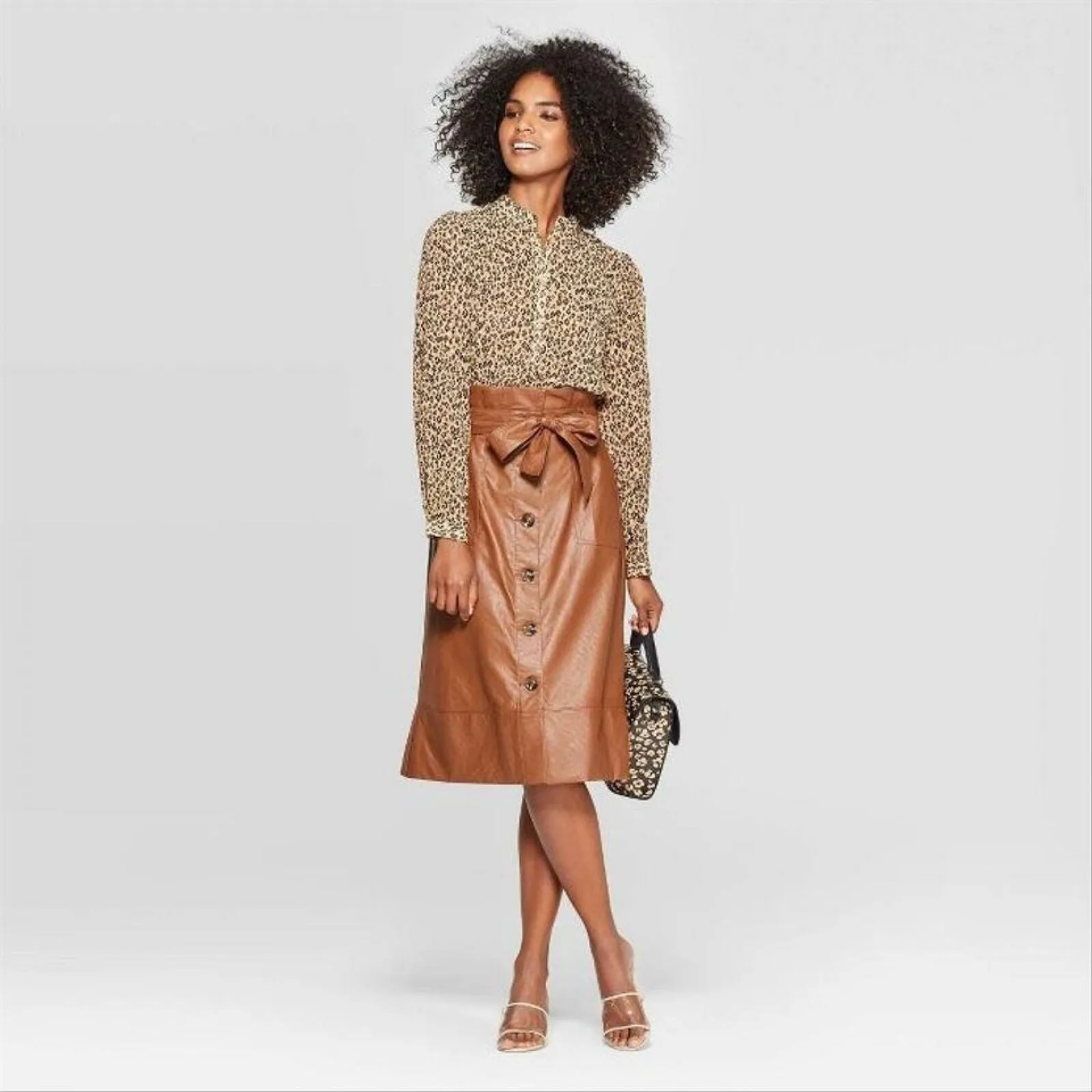 Who What Wear Women's Leopard Print Long Sleeve Banded Collared Blouse