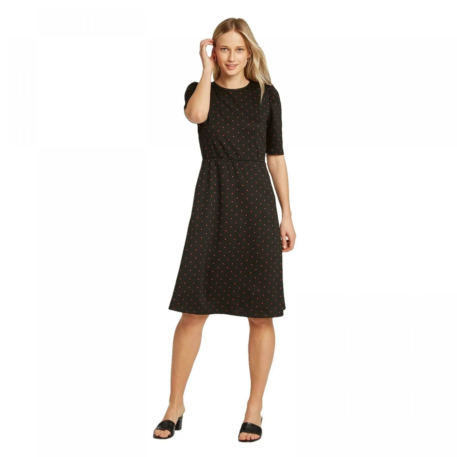 Who What Wear Women's Short Sleeve Round Neck Seamed Midi Dress