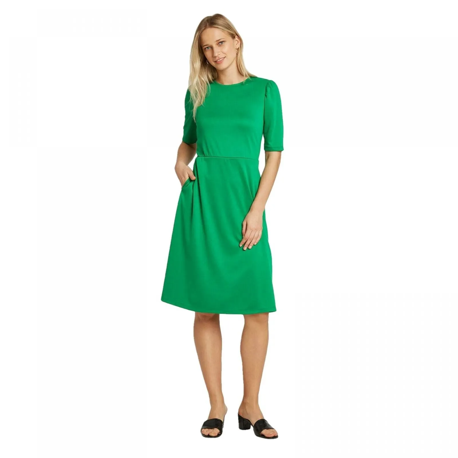 Who What Wear Women's Short Sleeve Round Neck Seamed Midi Dress