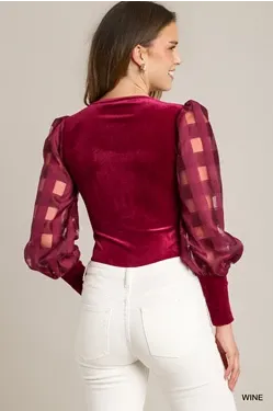 Wine Velvet Bodysuit with Balloon Sleeve